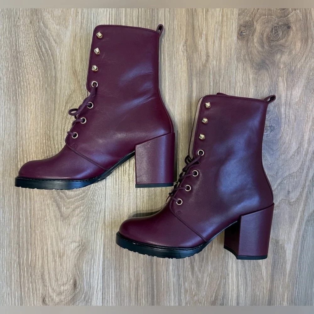 Stuart Weitzman Cranberry Leather Lace-Up Block Heel Boots Size 6.5 NWOB